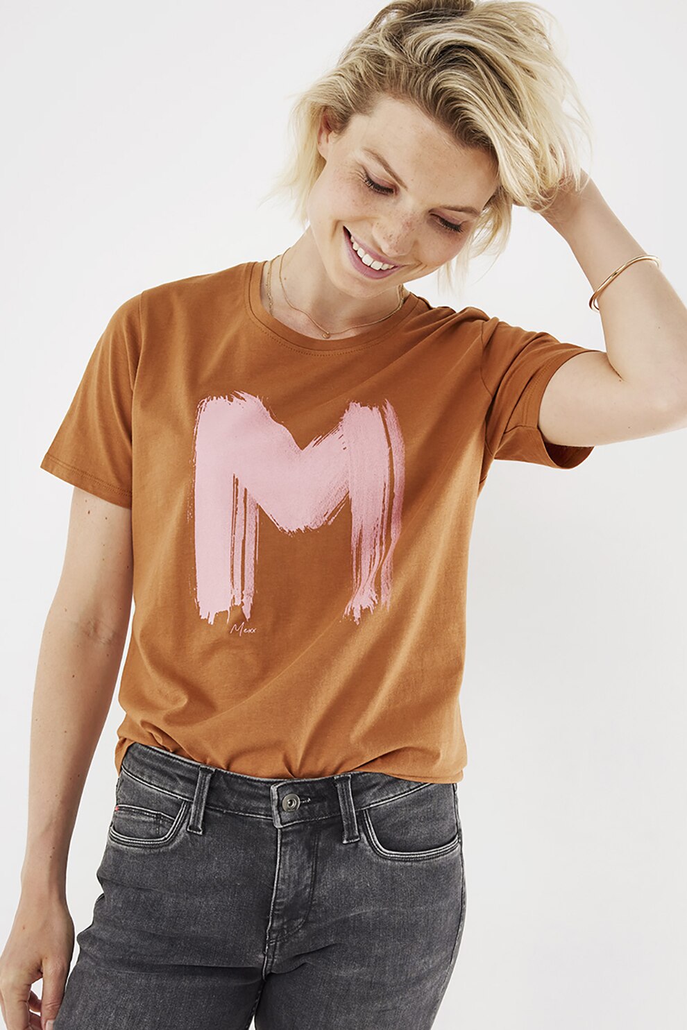 Mexx, Tricou lejer din bumbac organic cu logo, Oranj persan