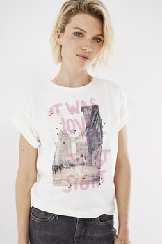 Mexx, Tricou din bumbac organic cu imprimeu grafic, Alb/Roz pal/Gri Mexx, Tricou din bumbac organic cu imprimeu grafic, Alb/Roz pal/Gri