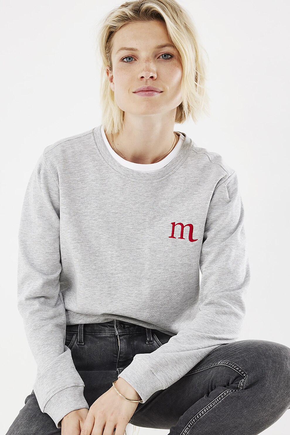 Mexx, Bluza sport din amestec de bumbac organic cu decolteu la baza gatului si monograma brodata, Gri deschis