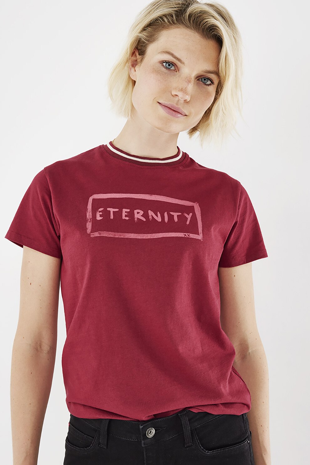 Mexx, Tricou din bumbac organic cu imprimeu text, Rosu inchis