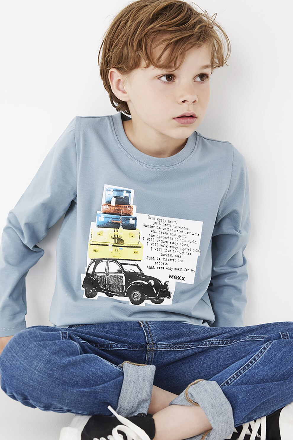 Mexx, Bluza cu decolteu la baza gatului si imprimeu grafic, Albastru pastel