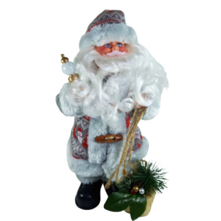 Figurina Mos Craciun, cu pantaloni gri, caciula Gri, 30 cm, Gri