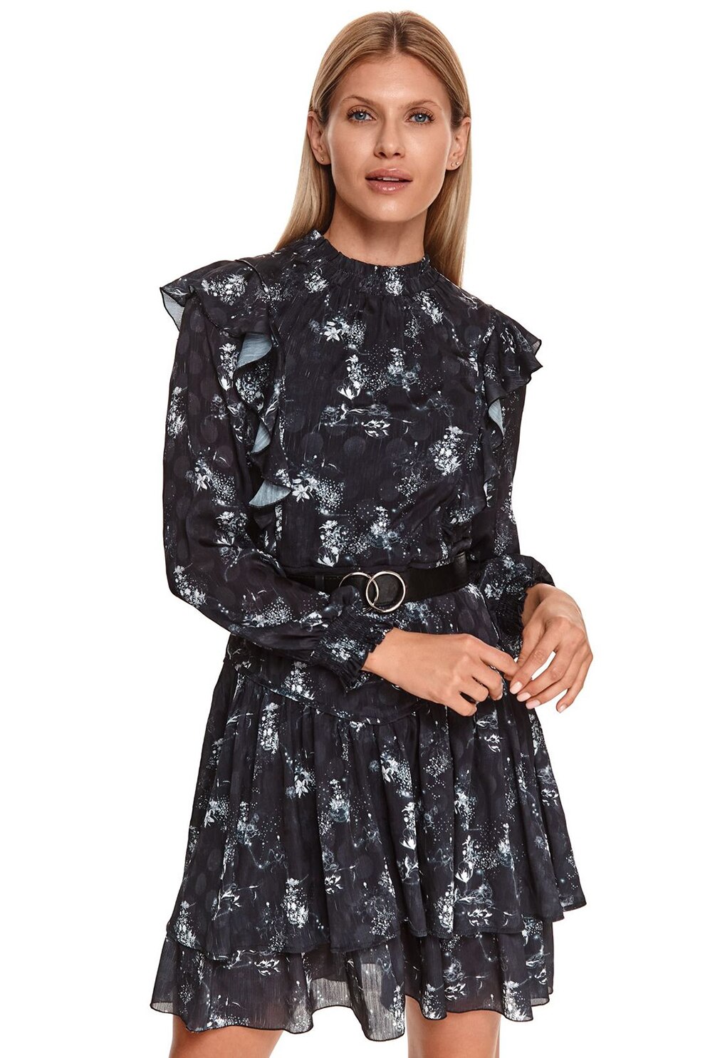 Top Secret, Rochie cu imprimeu si volane, Negru, L