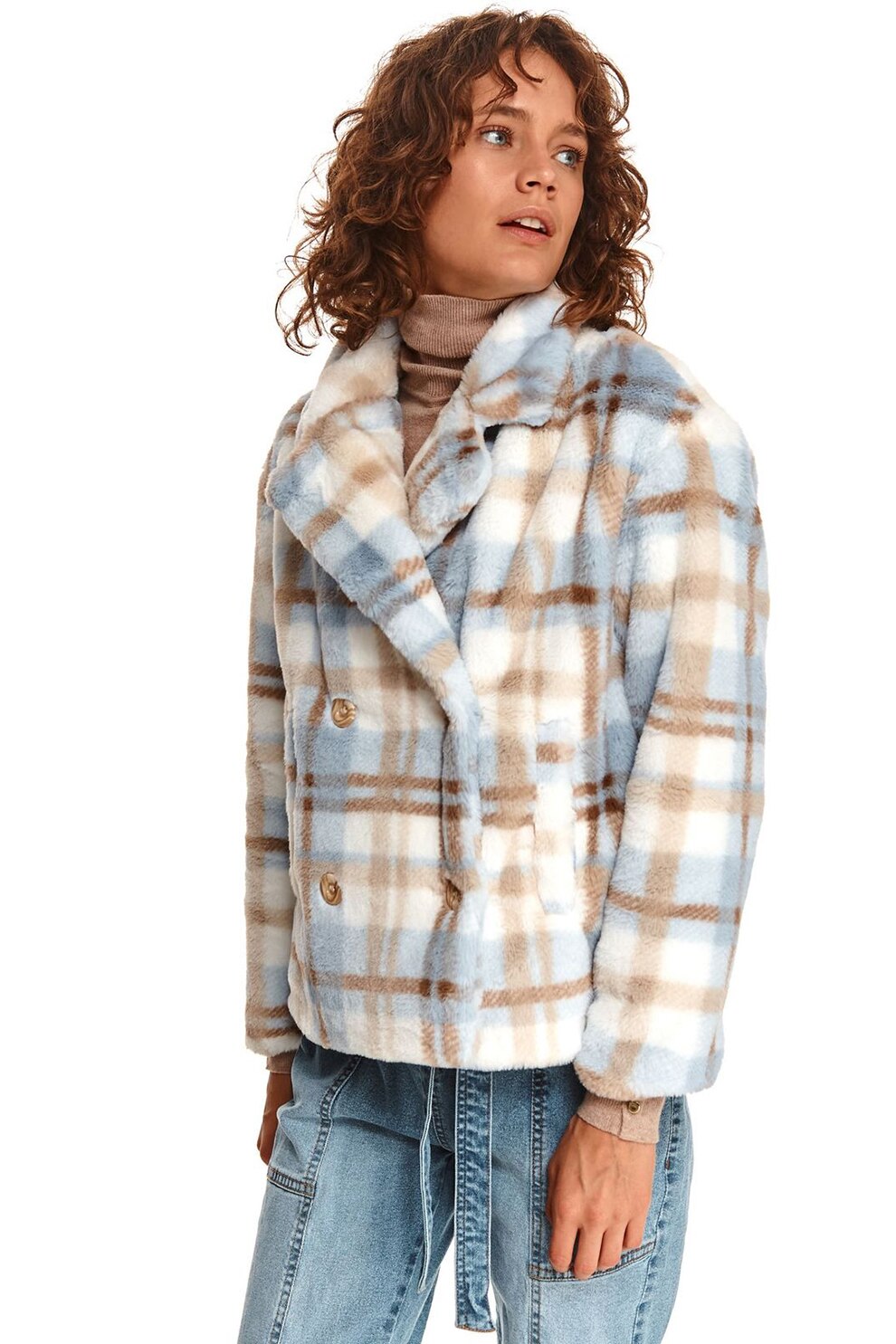 Top Secret, Jacheta din material teddy cu doua randuri de nasturi, alb, bleu, bej, L