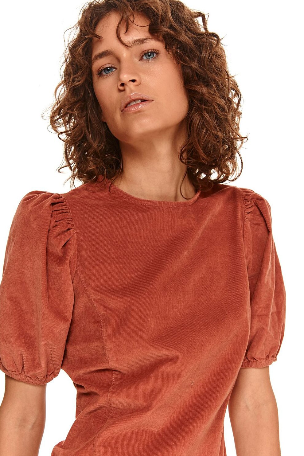 Top Secret, Rochie din reiat cu maneci bufante, Rosu caramiziu, XL