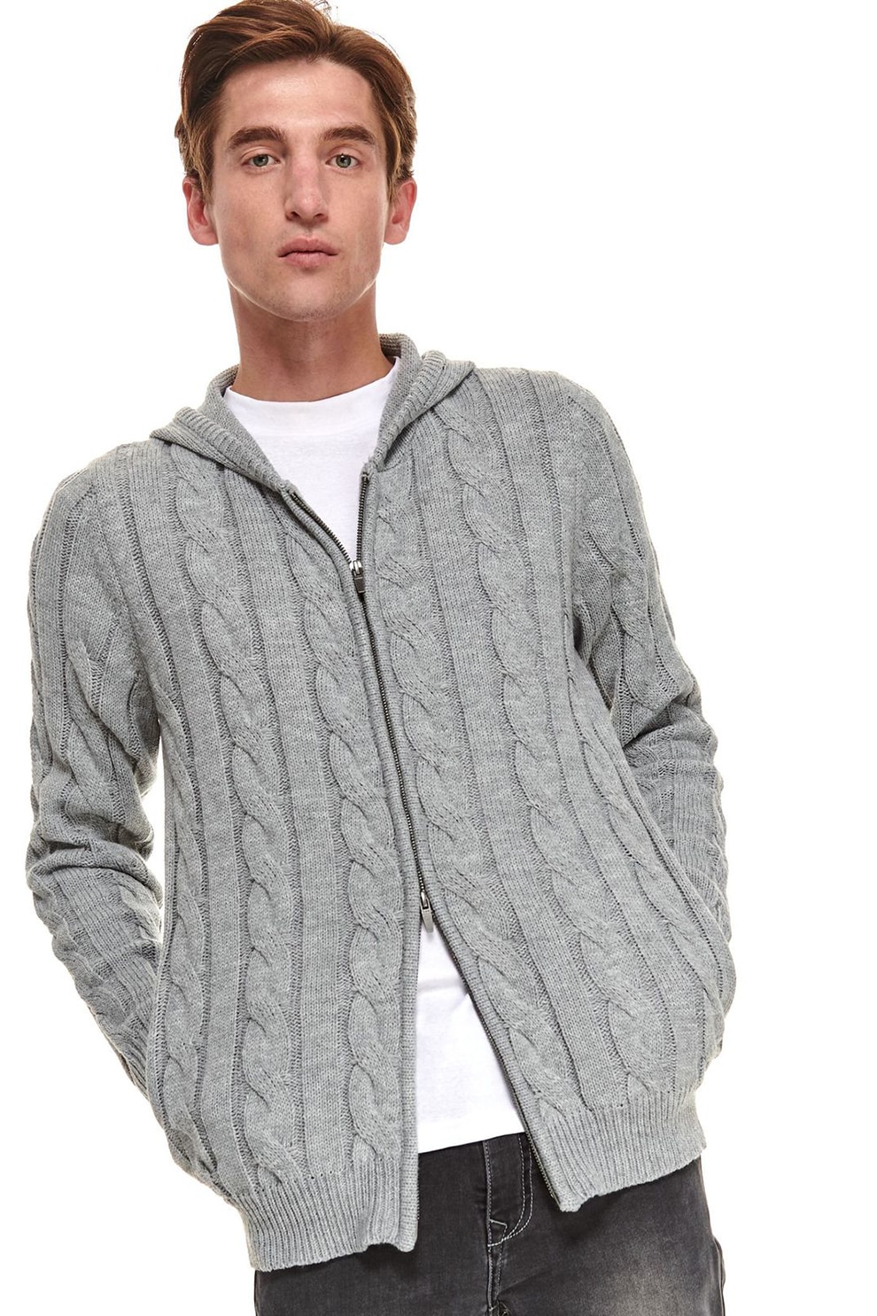 Top Secret, Cardigan cu gluga si model torsade, gri, L