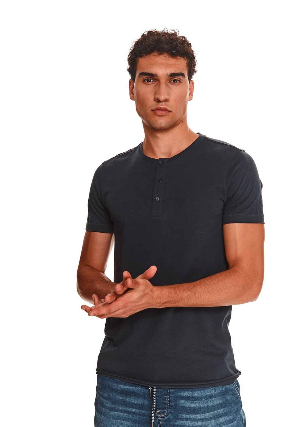 Top Secret, Tricou de bumbac cu nasturi pe partea din fata, Bleumarin inchis