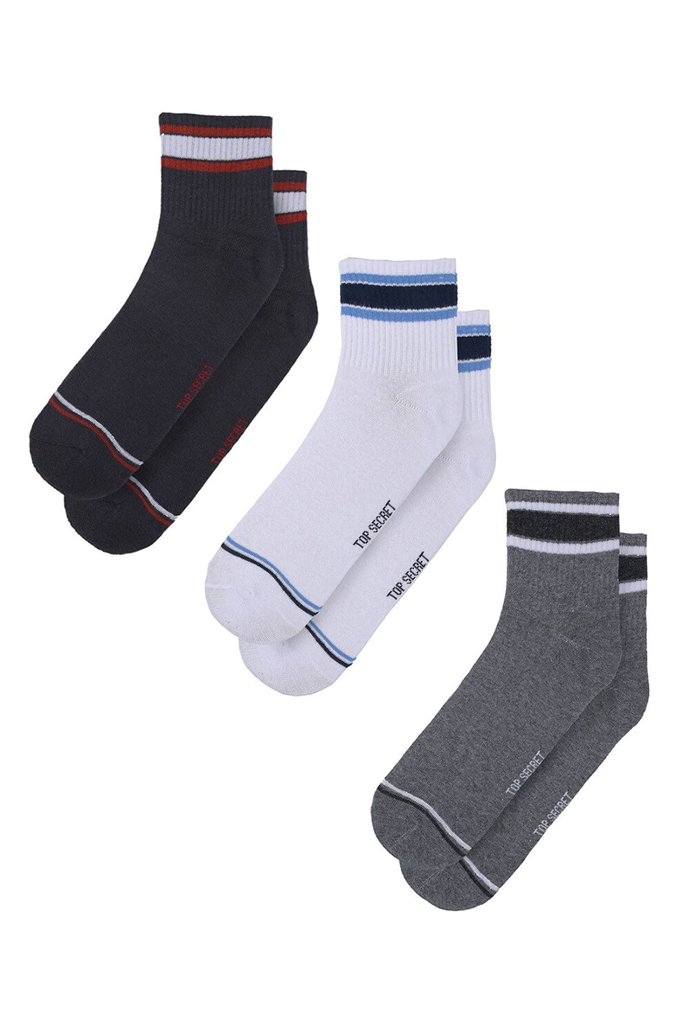 Top Secret, Set de sosete scurte cu dungi - 3 perechi, Gri/Alb/Bleumarin inchis