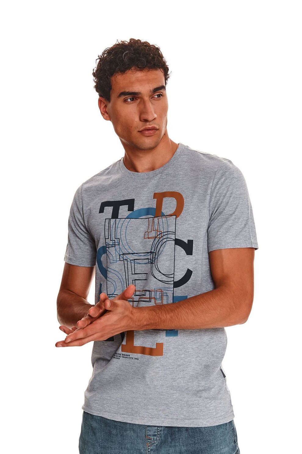 Top Secret, Tricou de bumbac cu imprimeu text si grafic, Gri melange