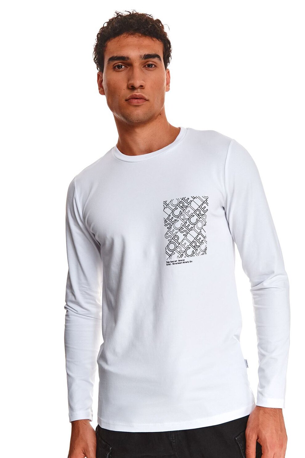 Top Secret, Bluza cu decolteu la baza gatului si imprimeu text, Alb