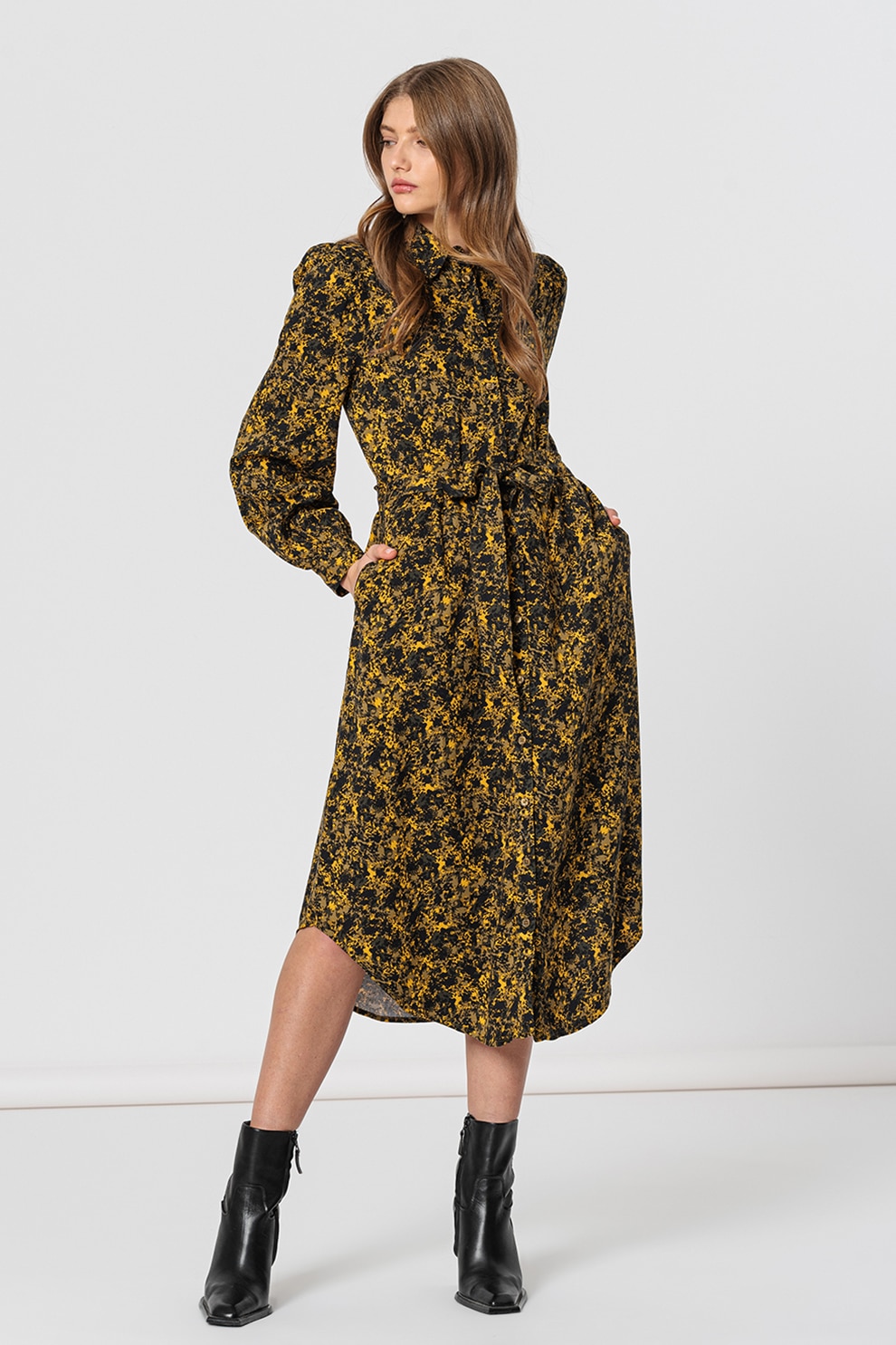 b.young, Rochie midi tip camasa cu model Fione, Galben/Negru