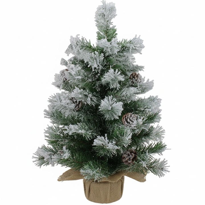 Brad de Craciun artificial Buha®, decorat cu conuri de pin, zapada si baza de lemn cu iuta naturala, 50 cm inaltime