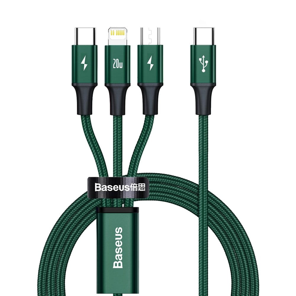 Cablu Baseus Rapid 3in1 USB-C la USB-C / Lightning / MicroUSB 20W 1,5m, verde