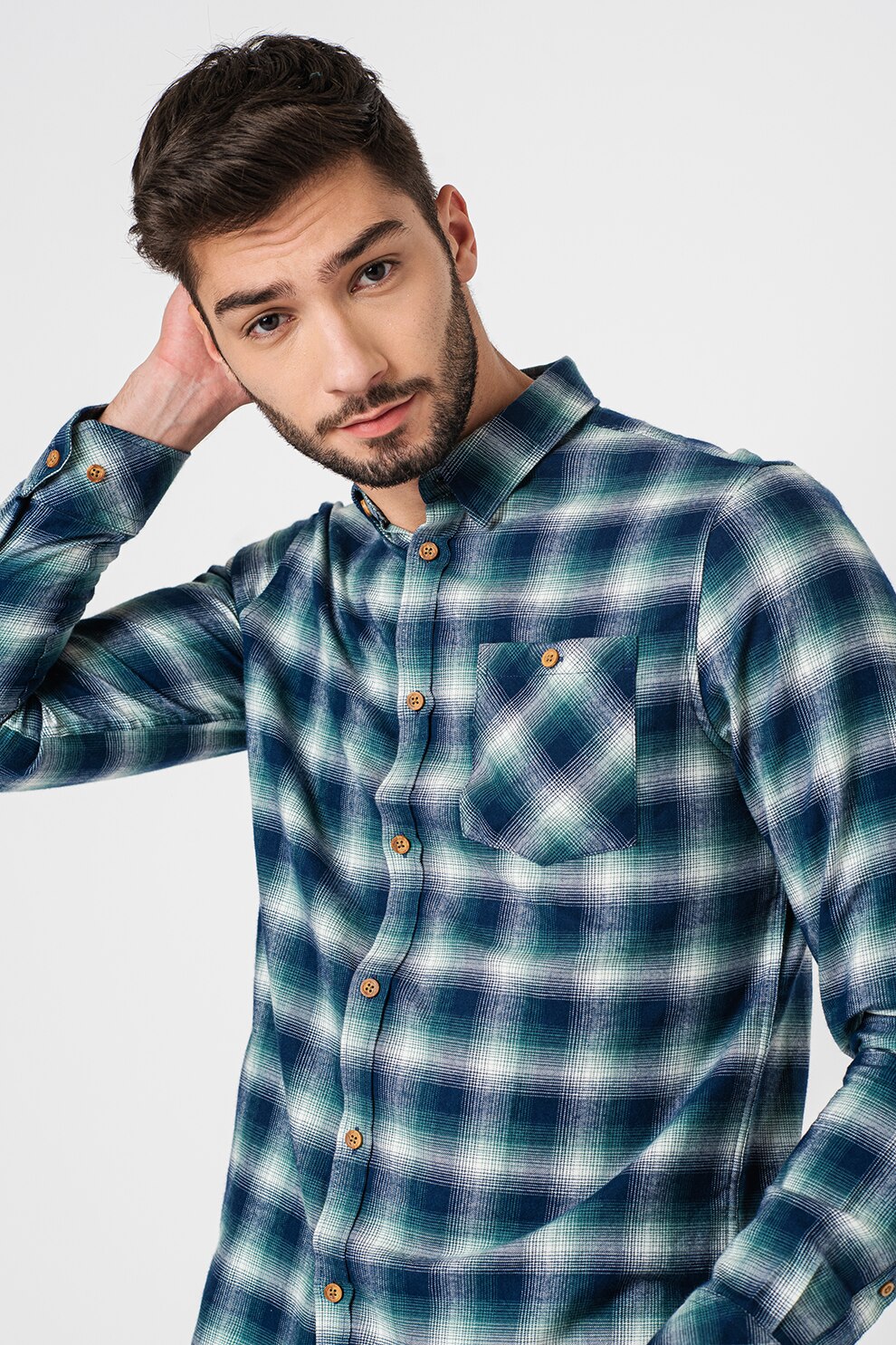 !Solid, Camasa regular fit in carouri cu buzunar pe piept Velibor, Bleumarin/Verde