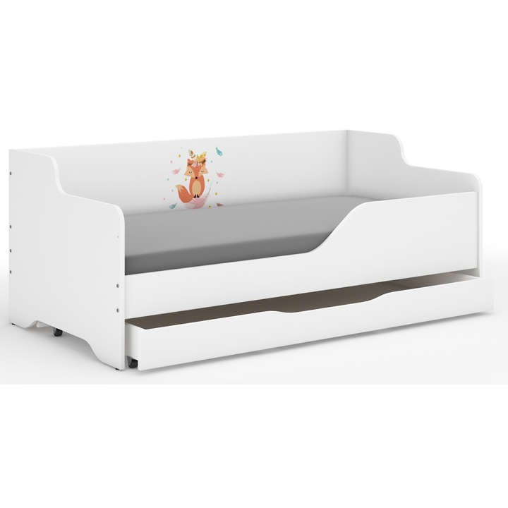 Pat pentru copii LILU, Wooden Toys, Model- Vulpe, Cadru/Saltea/Suport lenjerie, 160x80cm, Alb