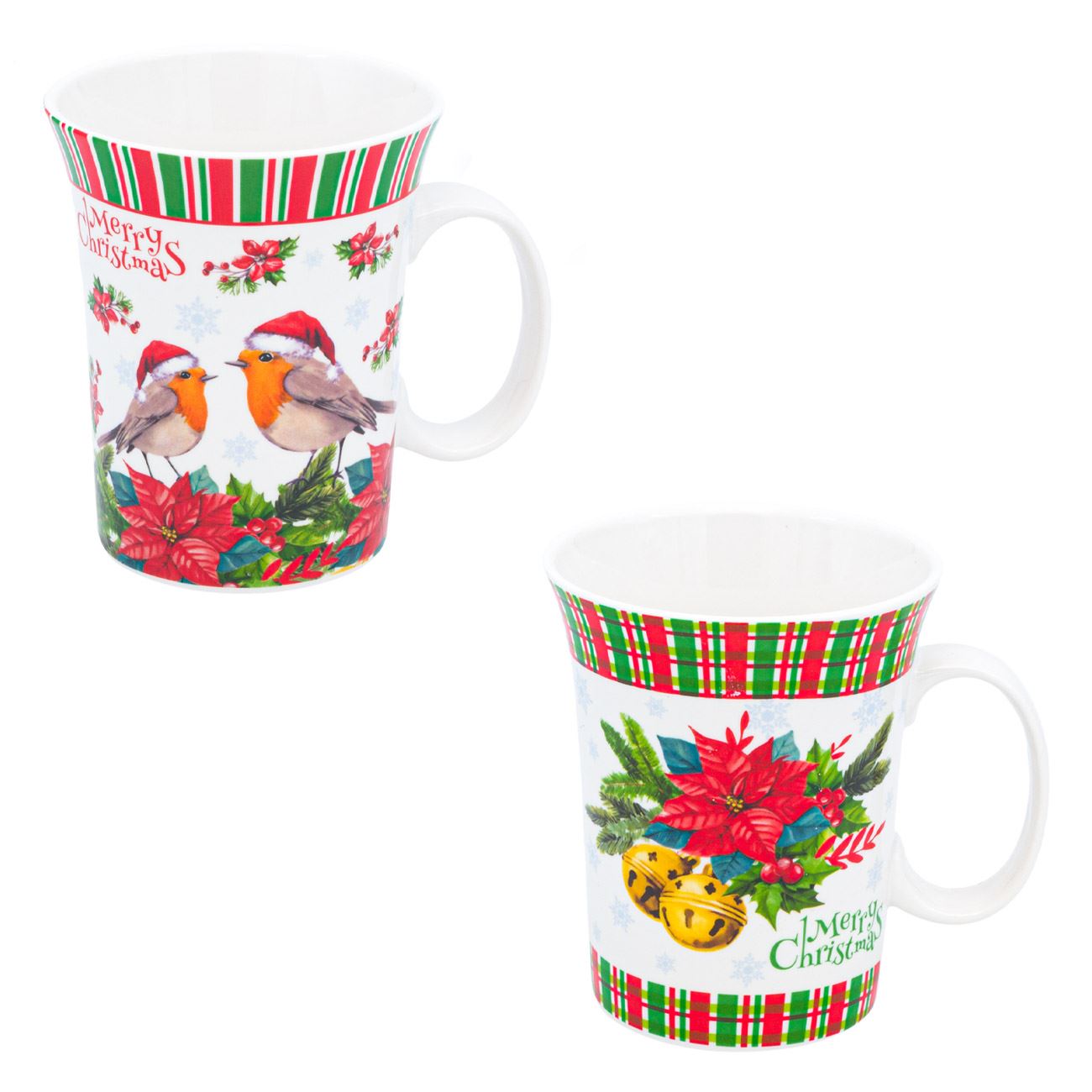 Set 2 Cani Portelan, model de Craciun cu Craciunita si Pasari, 310 ml, Multicolor