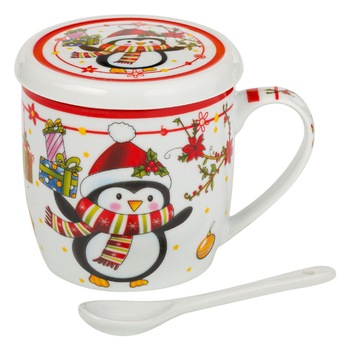 Set Cana cu Capac si Lingurita, Portelan, model de Craciun cu Pinguin, 320 ml, Multicolor Set Cana cu Capac si Lingurita, Portelan, model de Craciun cu Pinguin, 320 ml, Multicolor
