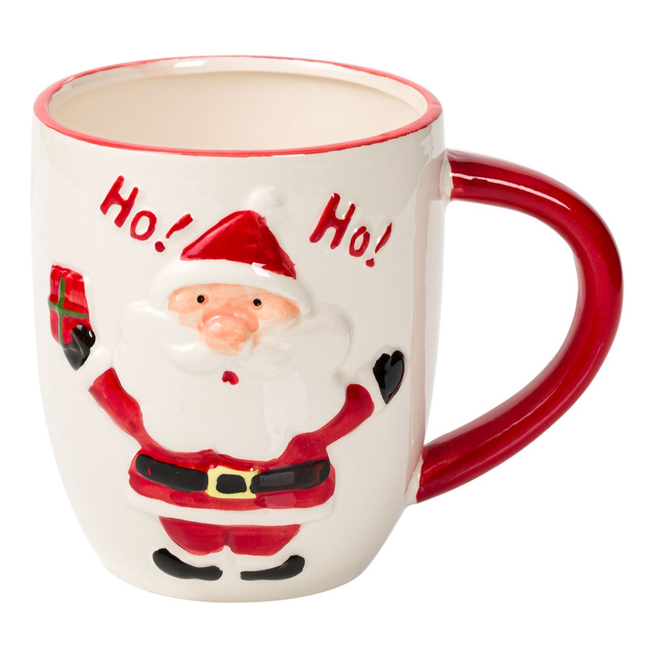 Cana din Ceramica, model cu Mos Craciun in Relief si Mesaj, 560 ml, Alb/Rosu