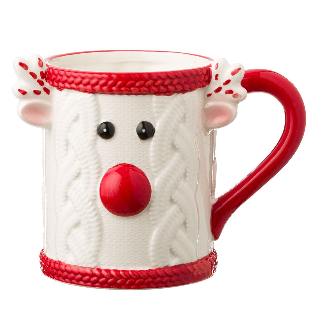 Cana Ceramica, model de Craciun cu Ren 3D in relief, 560 ml, Alb/Rosu