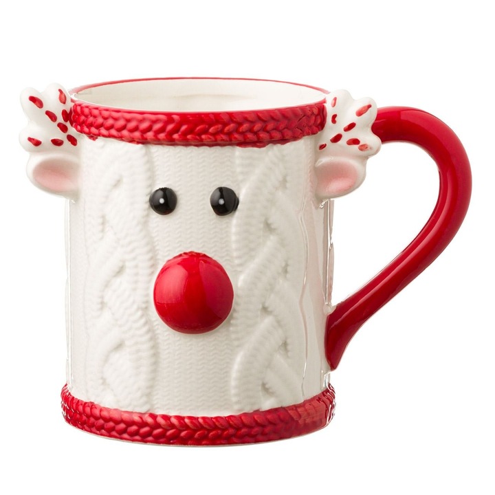 Cana Craciun Ceramica 560ml Alb Rosu Model Ren 3D Pentru Servire Bauturi Shopiens®