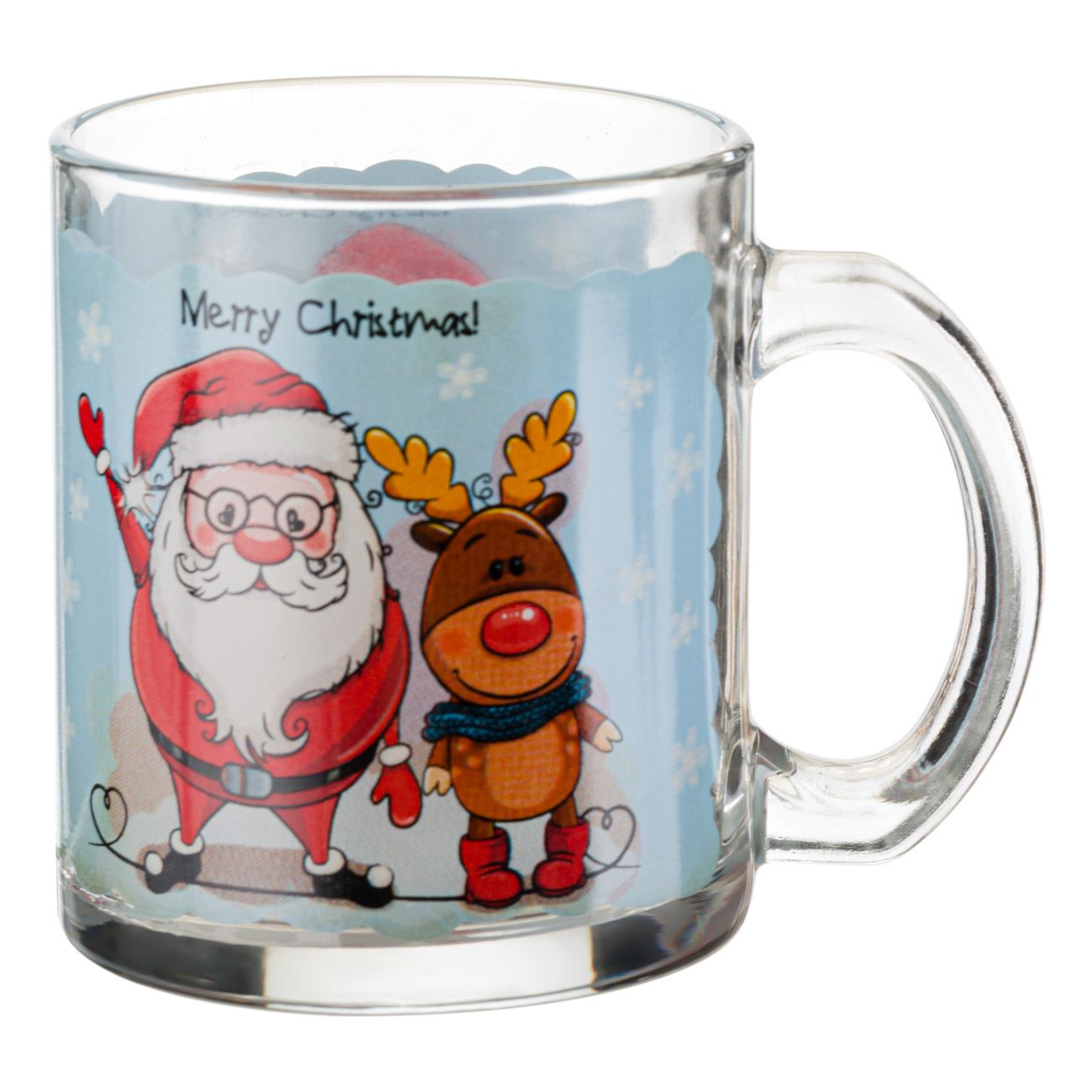 Cana din Sticla, model cu Mos Craciun si Ren, 315 ml, Transparent