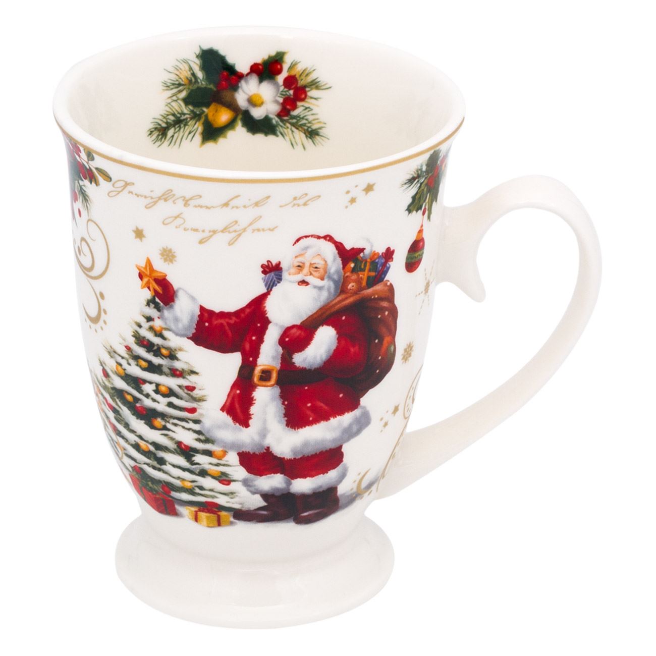 Cana cu Picior, Portelan, model cu Mos Craciun si Brad, 325 ml, Alb