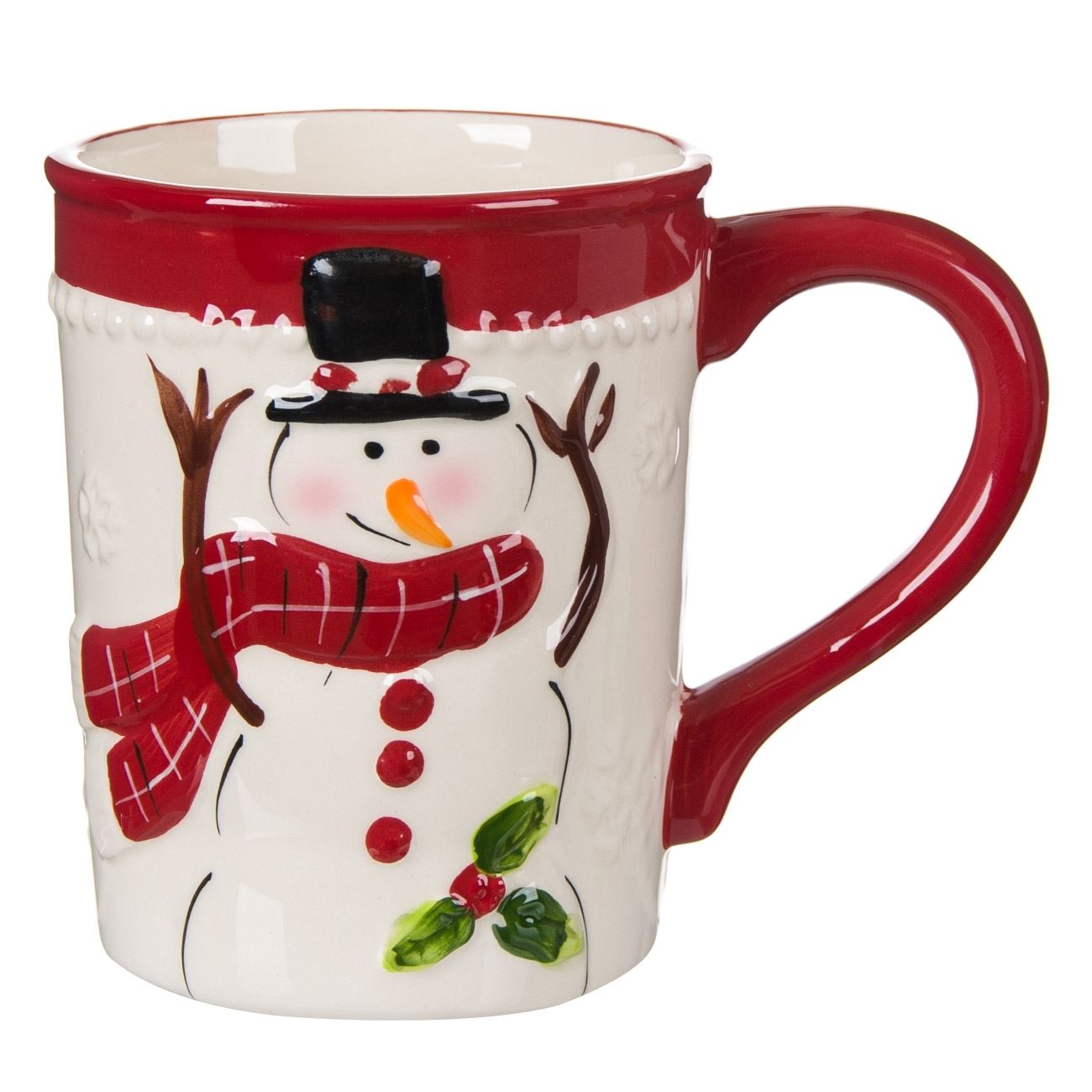 Cana din Ceramica, New Line, model de Craciun cu Om de Zapada in Relief, 420 ml, Alb/Rosu