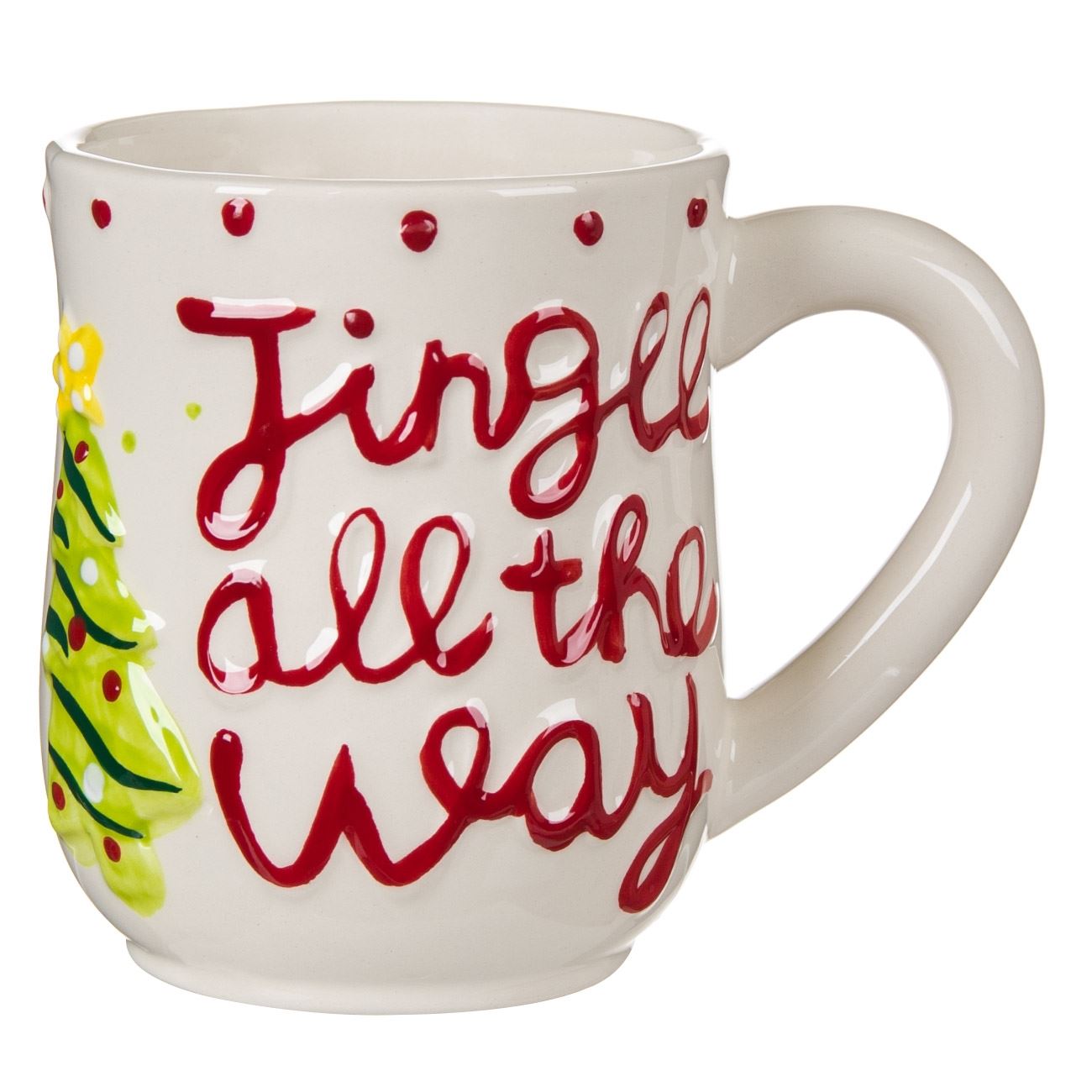 Cana din Ceramica, model de Craciun cu Mesaj si Brad in Relief, 450 ml, Alb/Rosu