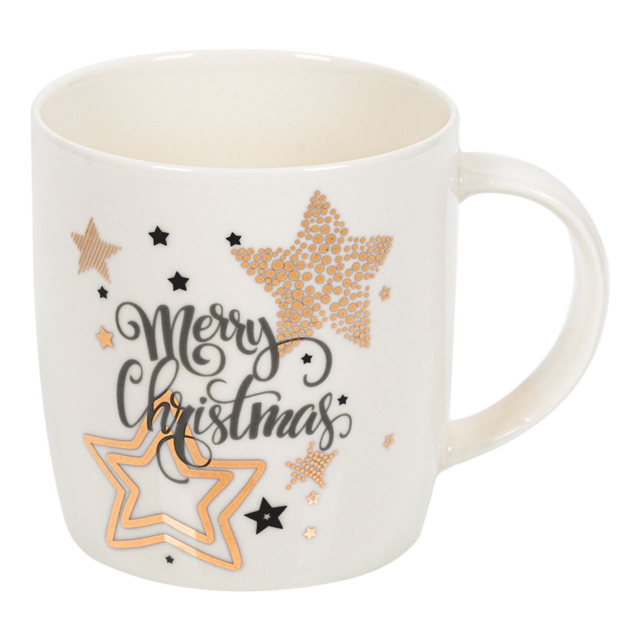 Cana de Craciun, Portelan, model cu Mesaj Merry Christmas, 325 ml, Alb/Auriu