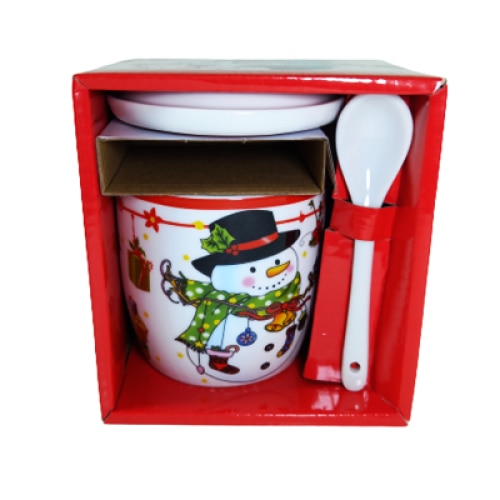 Cana cu lingurita si capac, model Om Zapada, Craciun, 250 ml, Multicolor