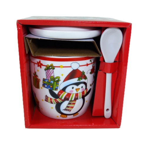 Cana cu lingurita si capac, model Pinguin, Craciun, 250 ml, Multicolor