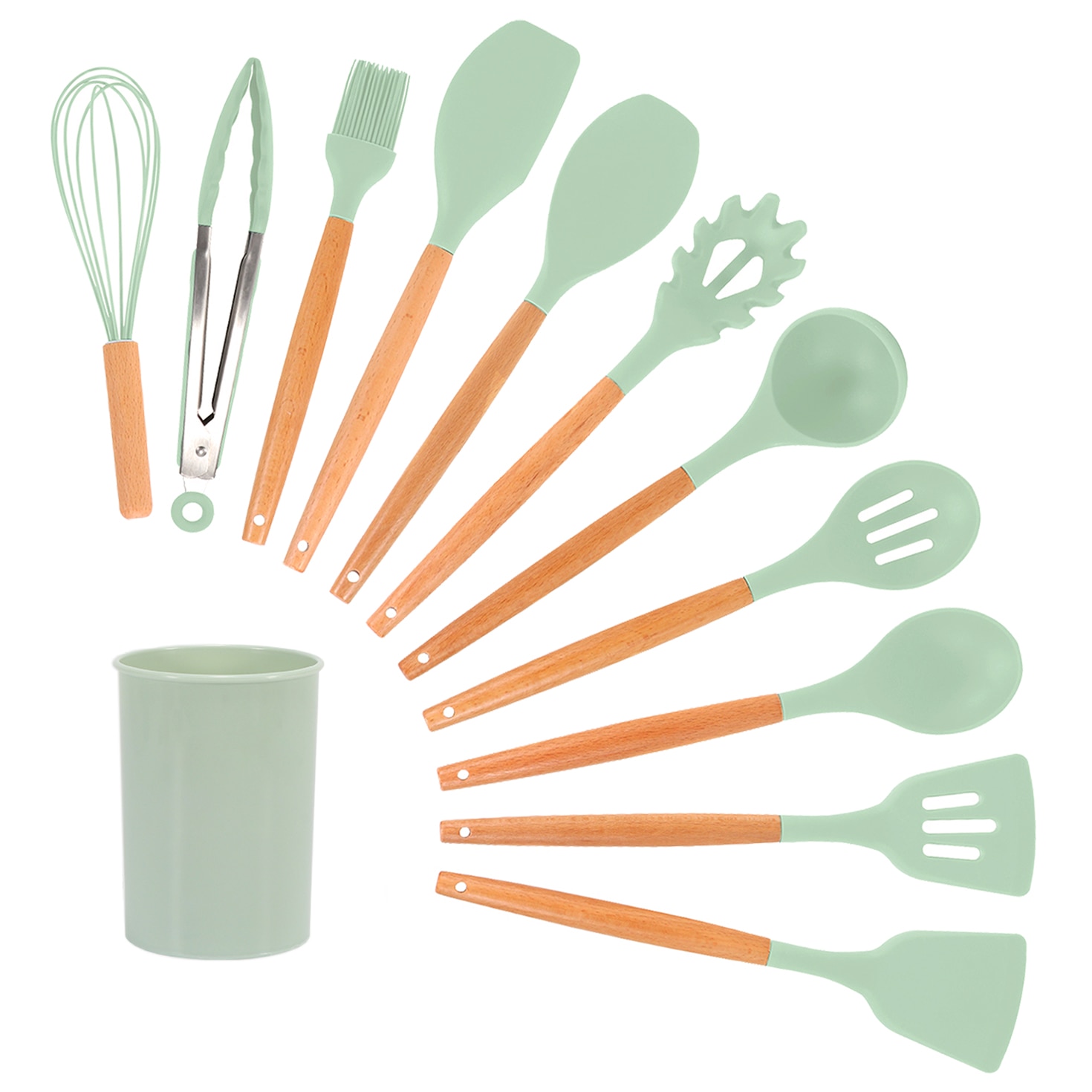 Set 12 ustensile de bucatarie amXea Verde deschis, din silicon termorezistent, cu maner din lemn