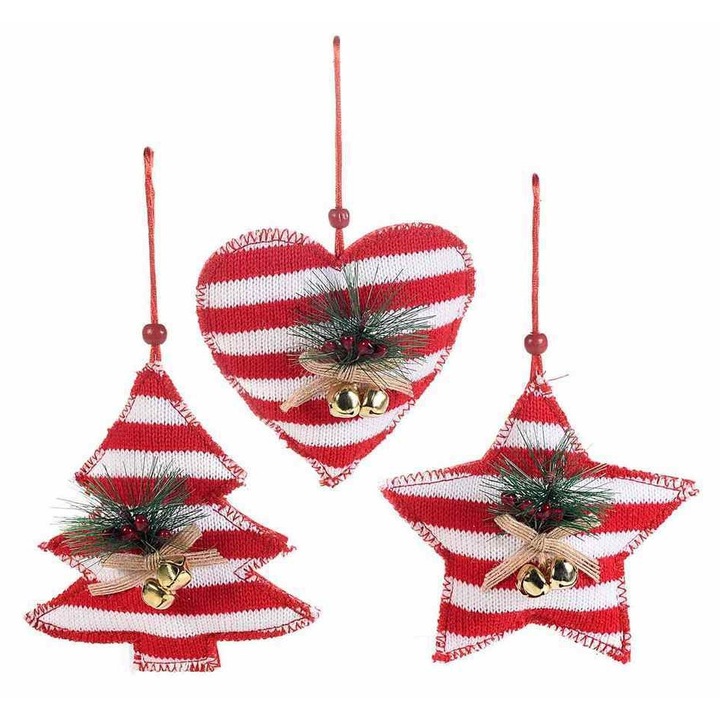 Set 3 ornamente brad din textil alb rosu 13x13 cm