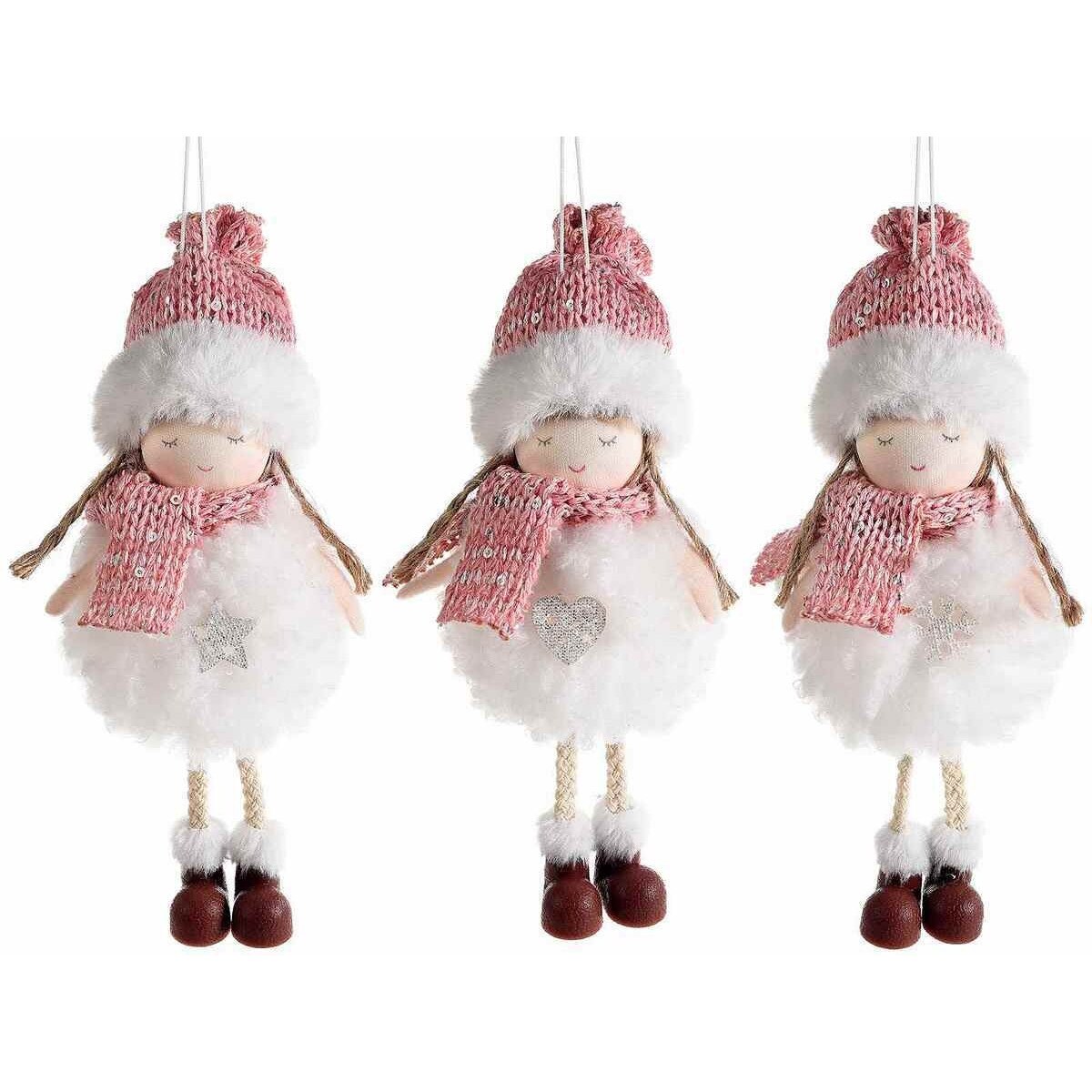 Set 3 ornamente brad din textil alb roz model Ingeri 7x18 cm