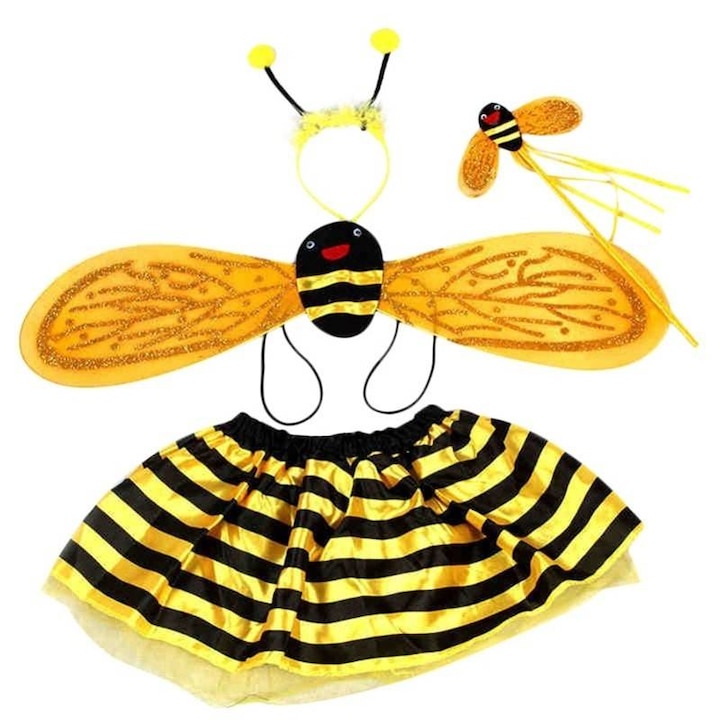 Costum albinuta pentru fetite, fustita, bentita, aripioare si alte accesorii, galben/negru, 4 piese, 104 cm