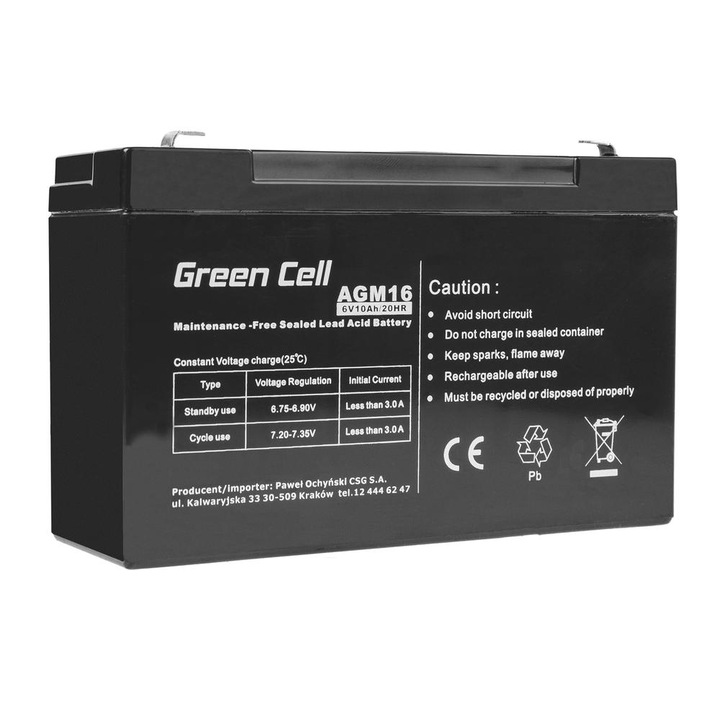 Acumulator stationar AGM 6V 10Ah VRLA plum acid baterie fara mentenanta jucarii sisteme de alarma Green Cell