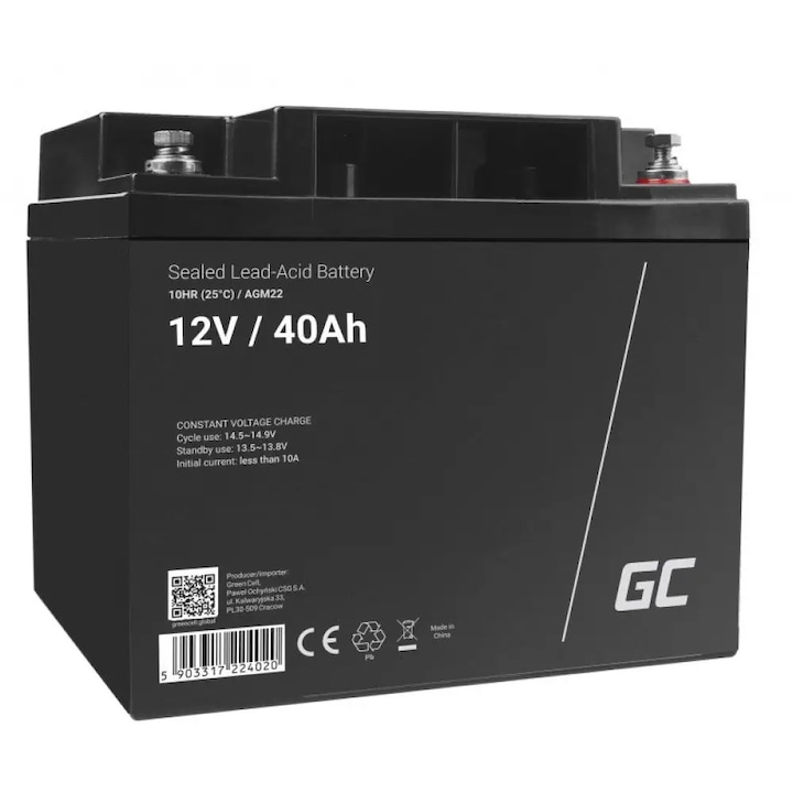 Acumulator stationar AGM 12V 40Ah VRLA plum acid baterie fara mentenanta cositoare scuter barca Green Cell