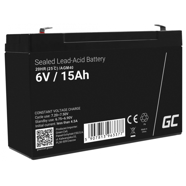 Стационарна батерия Green Cell, AGM, 6V, 15Ah, VRLA, Оловно-киселинна