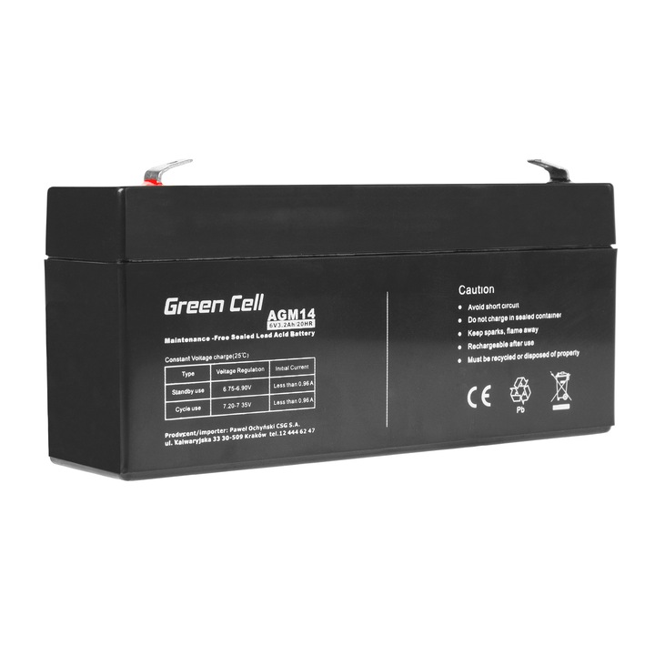 Стационарна батерия Green Cell, AGM, 6V, 3.3Ah, VRLA, Оловно-киселинна