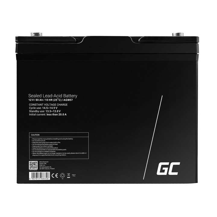 Стационарна батерия AGM 12V 80Ah VRLA Plum acid необслужвана батерия фотоволтаични кемпери камион Green Cell