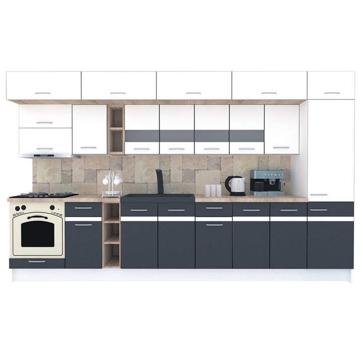 Set Bucatarie Genarom BIGMAR 370 A, 370 x 225,5 x 60 cm, Alb / Decor Gri