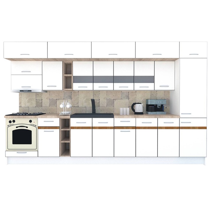 Set Bucatarie Genarom BIGMAR 370 A, 370 x 225,5 x 60 cm, Alb / Decor Alb