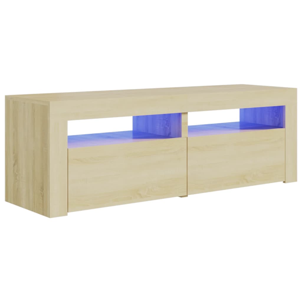 Comoda TV cu lumini LED vidaXL, PAL, 120 x 35 x 40 cm, Maro/Stejar Sonoma