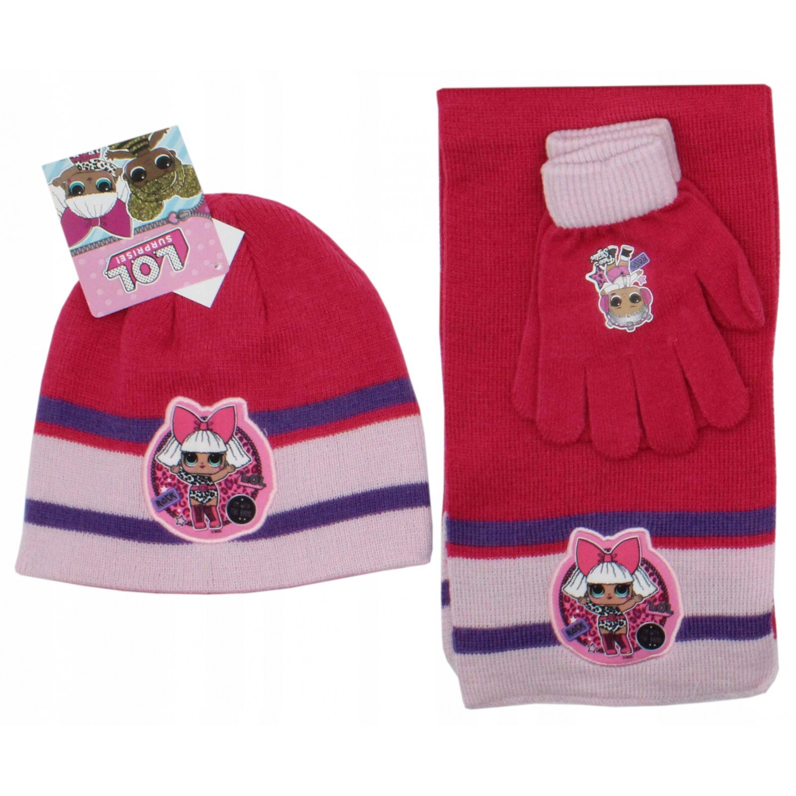 Set 3 piese caciula, fular si manusi LOL Surprize 10088, Fucsia, Unica