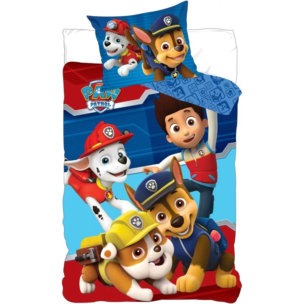 Set lenjerie pat copii Paw Patrol,100x135cm + 40x60cm, SunCity, Albastru/Rosu
