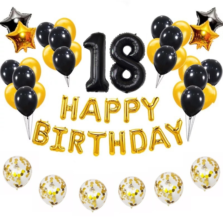 Комплект от 44 балона за възрастни, 18 години, Честит рожден ден, конфети, Време е за парти, черен/златен, 1 метър