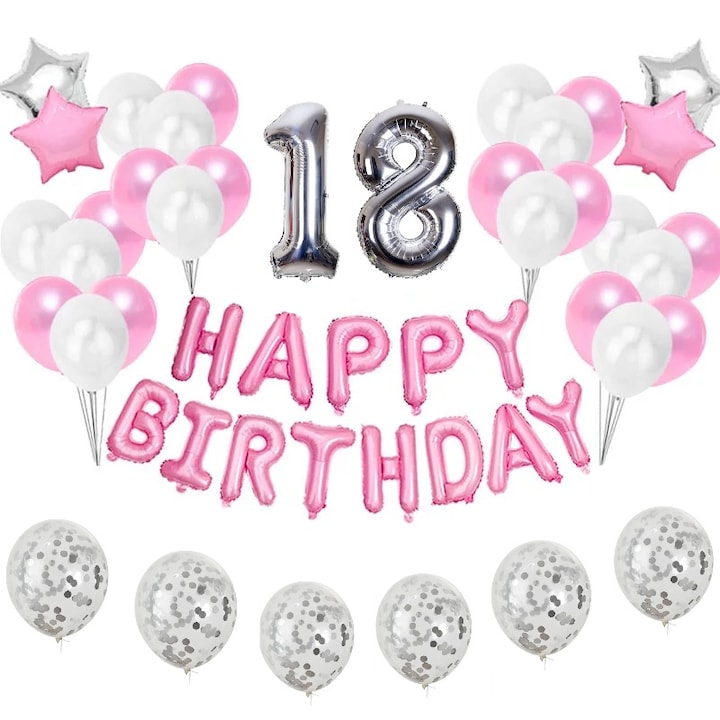 Комплект от 44 балона за възрастни, 18 години, Честит рожден ден, конфети, Време е за парти, розово/сребристо, 1 метър