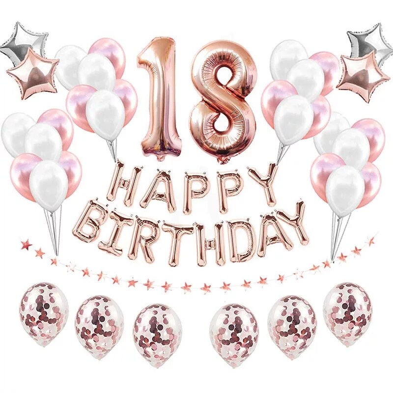 Set 44 baloane majorat, 18 ani, Happy Birthday, confetii, It's Party Time, Rose Gold, 1 metru