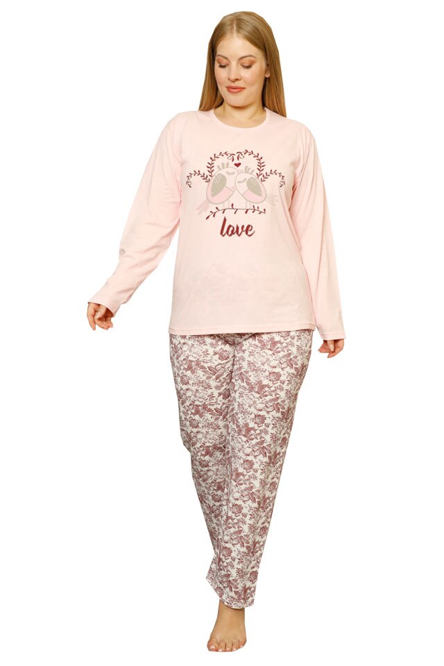 Pijamale dama Serena, maneca lunga, pantaloni lungi, culoare roz , imprimeu love, Roz