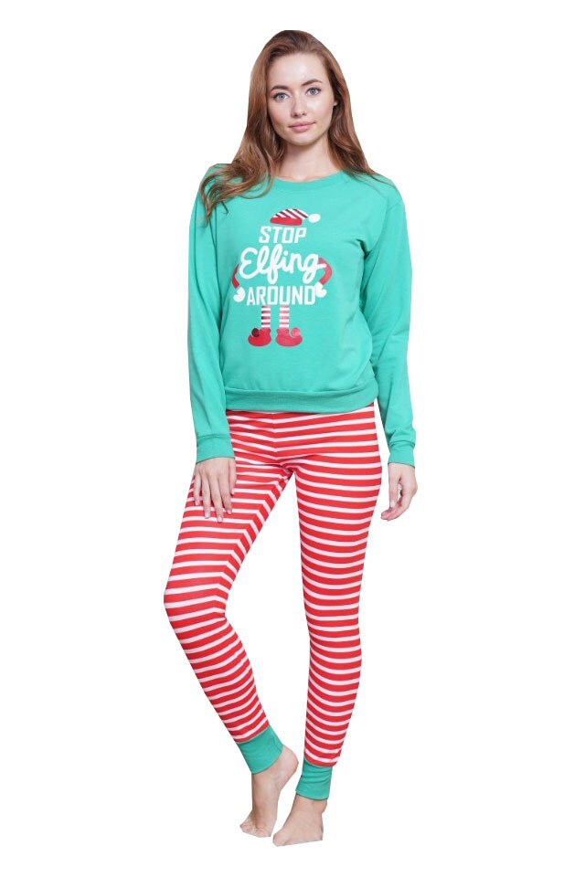 Pijamale dama Serena, maneca lunga, pantaloni lungi, imprimeu stop effing around, Verde